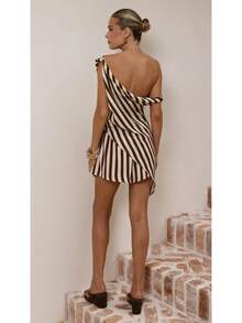Women's Striped/Print One Shoulder Wrap Top & Shorts Set, Asymmetrical Two-Piece Outfit, Casual Summer Vacation Co-Ord, Multi Colors Available - Coffee Stripes - View 5