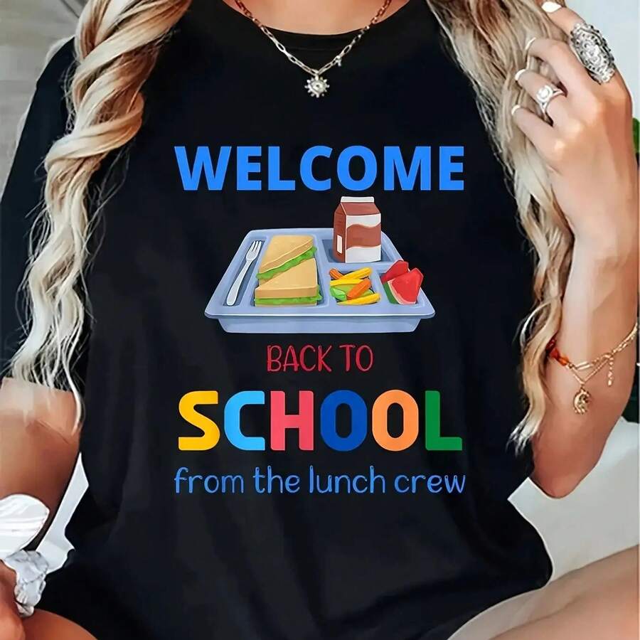 Welcome T-Shirt fclothes Women - Lunch Lady Graphic Tee with Sandwich, Salad, Fruit - clothes T-Shirt with Blue and Yellow Text - clotheshine Washable, Casual, Everyday and Back-to-Wclothesk Wear - Fun Gift fclothes Teachers, Cafe Wclotheskers, Playful clothes, Medium Stretch Fabric - Negro - Ver 1