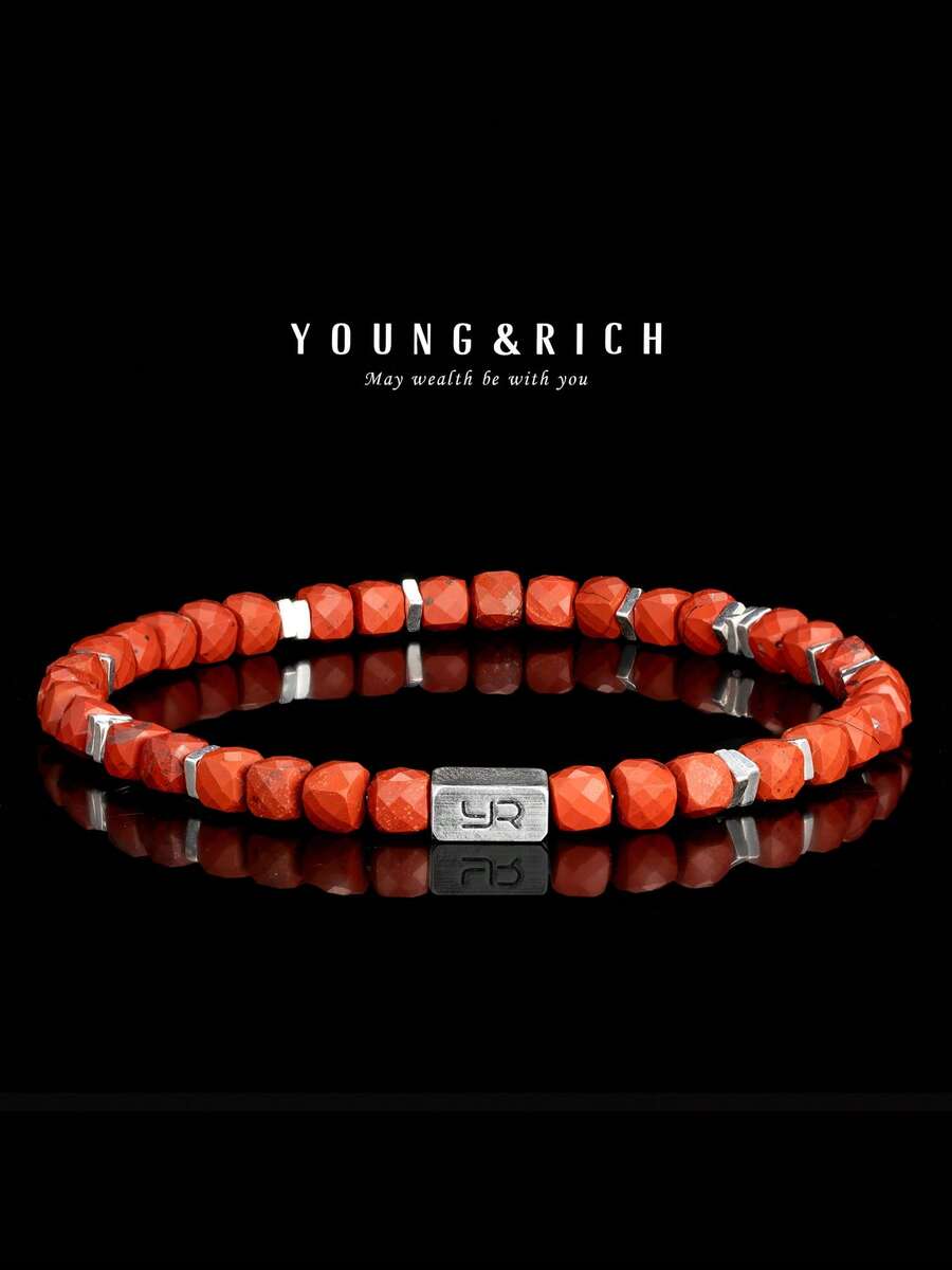 YOUNG&RICH 天然风格红石珠手链，多面宝石外观手链，配银色隔珠，简约中性珠宝礼品