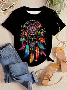 Camiseta manga corta cuello redondo 100% algodón, estampado trendy, tejido ligero y ventilado, estilo moda casual, apta para vida diaria, salidas informales y citas en primavera, verano y otoño - Negro - Ver 2