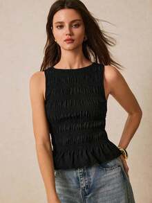 Camiseta de mujer informal de cuello redondo con pliegues de color liso y versátil - Negro - Ver 4
