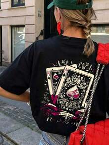 Camiseta de verano personalizada para mujer, de manga corta y cuello redondo, estampada con el diseño de "As de Espadas", estilo casual - Camiseta unisex de algodón holgada de manga corta y cuello redondo, estilo vintage urbano. - Negro - Ver 7