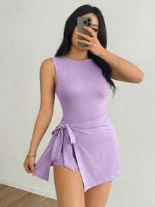 Mono de mujer de unicolor, minimalista, sin mangas para uso diario - Morado - Ver 3