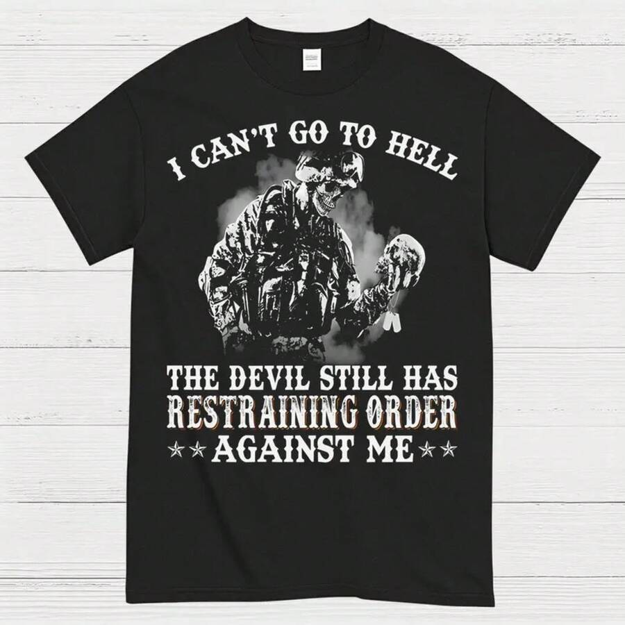 Funny Veterans T-Shirt With Devil's Restraining Order Design - 黑色 - 查看 1
