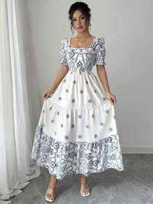 Elenzya Vestido casual/de trabajo de manga corta con cuello cuadrado y cintura ceñida en línea A con estampado para mujer - Azul y blanco - Ver 5