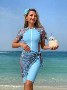 Swim  Set de 3 piezas: Blusa de manga corta con estampado, shorts y cubre-todo para mujeres de Oriente Medio - Multicolor 5 - Ver 5
