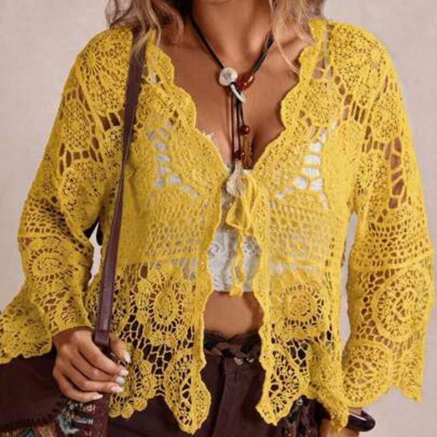 Plus Size Casual Solid Color Openwork Knit Cardigan Winter Fall Autumn - Amarillo - Ver 1