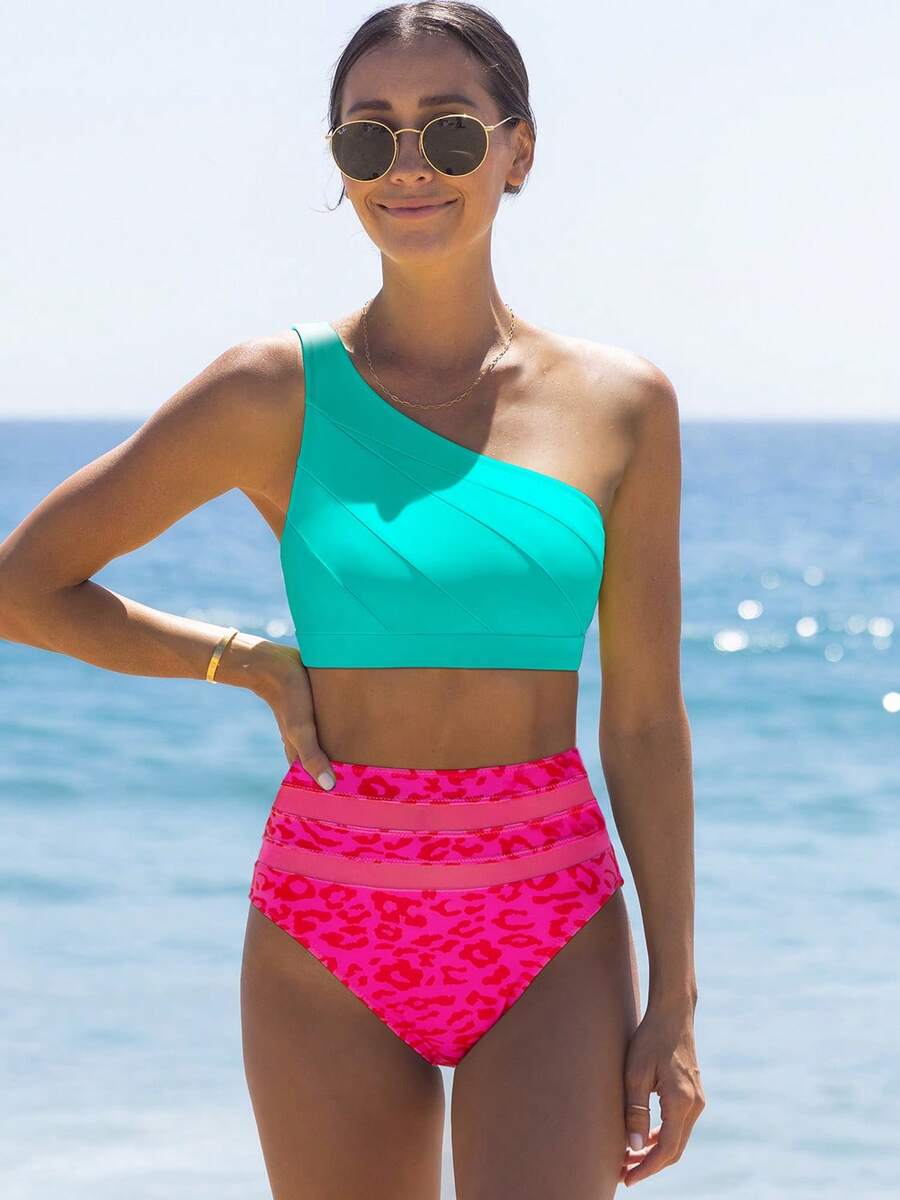 popvil Women's Colorblock One-Shoulder Bikini Set, Suitable For Summer Vacation And Beach Wear - Green - View 1
