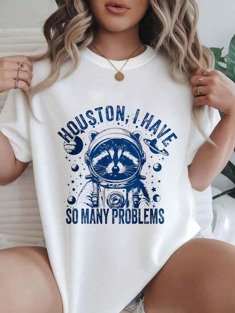 Camiseta Casual de Manga Corta para Mujer con Estampado de Mapache Astronauta, Diseño Moderno, Adecuada para Todas las Temporadas  
 WhiteLeisure - Blanco - Ver 1