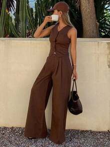 Conjunto de mezclilla informal para mujer con chaleco de mezclilla sin mangas de cuello en V y pantalones rectos - Marrón - Ver 4