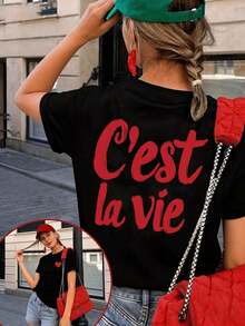 Women's Short-Sleeved T-Shirt With Front And Back Print, European And American Style Letter Design, Round Neck, Loose Fit Top, Sexy, Sweet And Cute For Summer/Spring, Simple And Fashionable Design T-Shirt, Suitable For Dates And Dinners, Urban Style For Women, Casual Short-Sleeved Graphic T-Shirts For Easter, Mother's Day And The 2026 World Cup, Breathable And Comfortable. - 黑色 - 查看 3