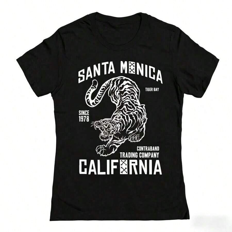 100% cotton Camiseta ajustada de algodón para mujer con estampado de tigre de Santa Mónica de Matt Keeling - Negro - Ver 1