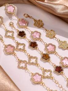 5pcs/Set Gold Flower Bracelet, Fashionable Unique Design, Luxury Vintage Colorful Clover Bracelet Set, Women Gift, Stylish Jewelry For Daily Wear, Festivals And Parties - Multicolor - View 6
