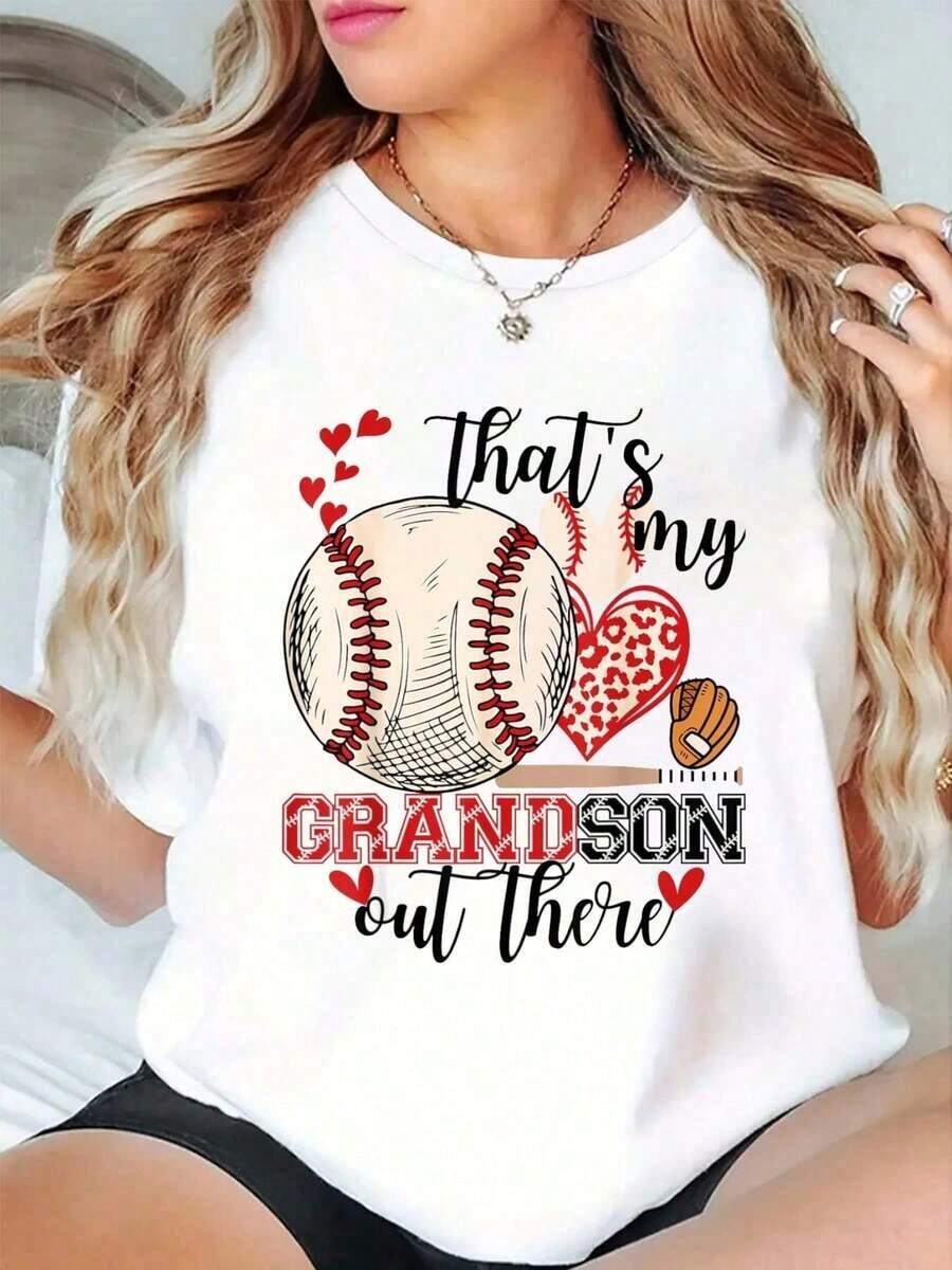 100% Cotton That's My Grandson Out There, Grandmother's Day Baseball T-Shirt, Printed T-Shirt, Casual Crew Neck Short Sleeve Comfortable Spring Summer Women's Clothing - 白色 - 查看 1