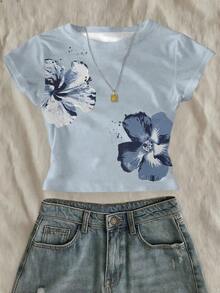 Camiseta corta de mujer de ajuste ceñido con estampado de lentejuelas y perlas de imitación, una prenda imprescindible para el verano, una camiseta de moda y con estilo, adecuada como regalo para hermanas, madres, Día de la Madre, una prenda casual - Azul - Ver 6