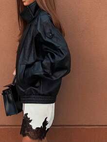 Chaqueta de cuero negra de textura de litchi, minimalista y versátil, nueva llegada de moda para mujer en otoño/primavera - Negro - Ver 9