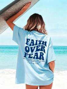 Short-Sleeved T-Shirt With A Round Neck And A "Belief Conquers Fear" Print, Casual And Resort Style, An Everyday Essential. Women's Graphic T-Shirt, White Summer Blouse For Women - 賽萊斯特 - 查看 5