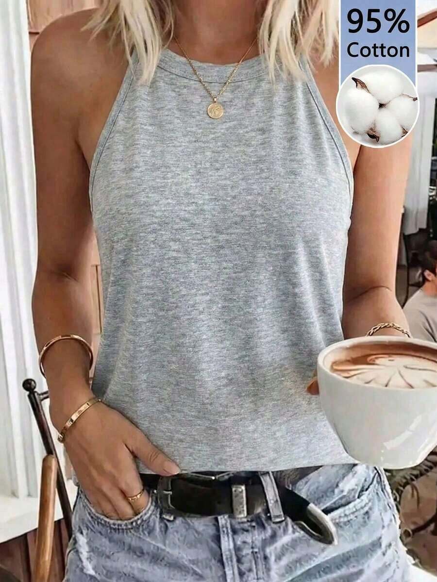 LUNE Camiseta de tirantes de cuello halter casual y cómoda para mujer, 95% algodón, adecuada para el verano - Gris Claro - Ver 1