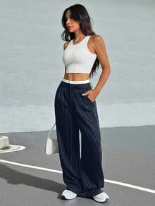 Pantalones anchos de mujer con pliegues y rayas, con cintura de bloques de color para otoño/invierno - Azul marino - Ver 4