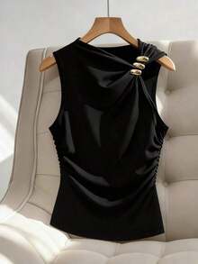 Blusa sin mangas con escote en V y decoración metálica minimalista y elegante, adecuada para el trabajo - Negro - Ver 7