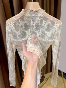 Camiseta interior de cuello alto de encaje, top de manga larga de malla de moda informal - Albaricoque - Ver 6