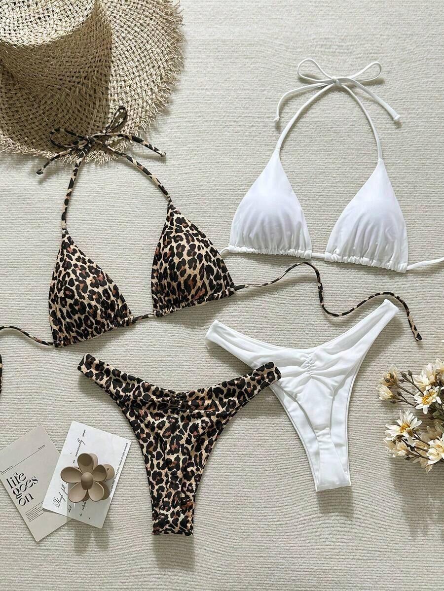 Conjunto de traje de baño de 4 piezas con cuentas marrón y a rayas, para primavera/verano 2026, conjunto de bikini de alta gama para resort de playa - Multicolor 2 - Ver 1