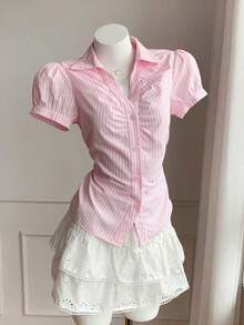 Camisa casual de mujer de manga corta abullonada, de un solo pecho, a rayas azules, ropa de verano - Rosa - Ver 3