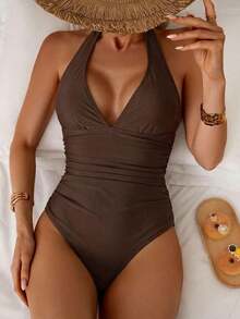 Traje de baño de una pieza con control de abdomen, estilo minimalista de unicolor, con escote halter y espalda descubierta, para vacaciones de verano en la playa - Marrón - Ver 5