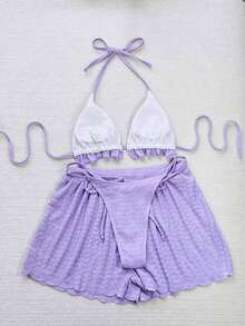 Conjunto de bikini de 3 piezas con parte superior de atar al cuello, estampado de lunares y shorts, con volantes, para mujer, para playa de verano - Morado - Ver 2