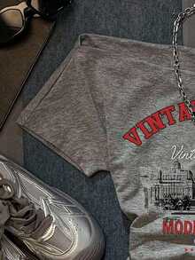 Camiseta corta de manga corta ajustada con hombros descubiertos, estampado retro de coche inglés y pliegues en la cintura, en color rosa, adecuada para el verano, el estilo callejero y el aeropuerto - Gris Claro 3 - Ver 6