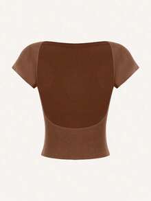 4 piezas Camisetas ajustadas de cuello redondo de unicolor con contraste, con espalda descubierta y calada, adecuadas para primavera/verano, carnaval, de manga corta, básicas, de mujer - Multicolor 18 - Ver 10