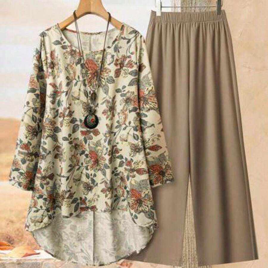Women's Casual Commuter Solid Color Front Short Back Long Top & Floral Print Long Pants 2 Pieces Set Omen's Full Print Round Neck Long Sleeve High-Low Hem Top And Wide Leg Pants Loose 2 Pieces Set Two Pieces Pants Set Women Blouse And Pants Set Women Ladies Casual Pants Set Women Two Pieces Outfit Summer Pants Sets Women's Solid V-Neck Short Sleeve Shirt And Printed Pants Casual Suit 2pcs Summer Women Allover Allover Print Short Sleeve Top And Solid Color Pants Set Fall Women Clothes Fall Cloth - Verde - Ver 1