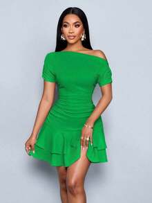 Vestido mini con mangas largas, cuello asimétrico, doble volante y pliegues en color albaricoque elegante para fiesta y día en tejido de punto - Verde - Ver 4