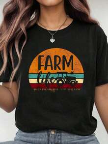 100% Cotton Retro Vintage T-Shirt With Agricultural Tractor Design, Gift For Farmers, Casual Graphic T-Shirt For Men And Women - 黑色 - 查看 1