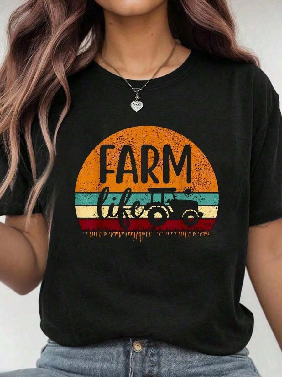 100% Cotton Retro Vintage T-Shirt With Agricultural Tractor Design, Gift For Farmers, Casual Graphic T-Shirt For Men And Women - 黑色 - 查看 1