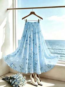Falda de gasa con estampado floral para mujer, falda plisada de cintura alta estilizadora, diseño de cintura elástica, falda larga elegante, conjunto de verano para mujer, falda elegante para fiesta, falda para atuendo de playa, falda vestido de vacaciones para mujer, falda para fiesta de boda, falda grácil para mujer, falda para vacaciones de verano, vestido casual, vestido de gasa para vacaciones, falda casual para ir al trabajo, vestido casual versátil y elegante para uso diario, falda urbana y chic - Azul - Ver 3