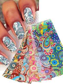 10pcs Bohemian Style Colorful Mandala & Floral Geometric Pattern Nail Transfer Foil Stickers, Suitable For Acrylic Nails, Summer Bohemian DIY Nail Art Decoration, Non-Sticky - Multicolor - View 6