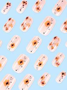 24pcs Short Oval Brown Floral Pattern Acrylic False Nails, Includes Gel Glue And Nail File, Suitable For Parties, Events And Daily Wear, For Women And Girls. Manicure Tool Kit Included. Moldable Nail Art Set - Multicolor - View 2