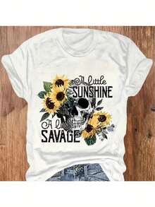 1 Piece Of Women's T-Shirt With Floral Skull Print And Round Neck - Lightweight And Breathable Short Sleeve Top, With Elasticity, Suitable For Spring And Summer, Casual T-Shirt With Round Neck Print (Not See-Through) 180g 100% Cotton. - 白色 - 查看 1
