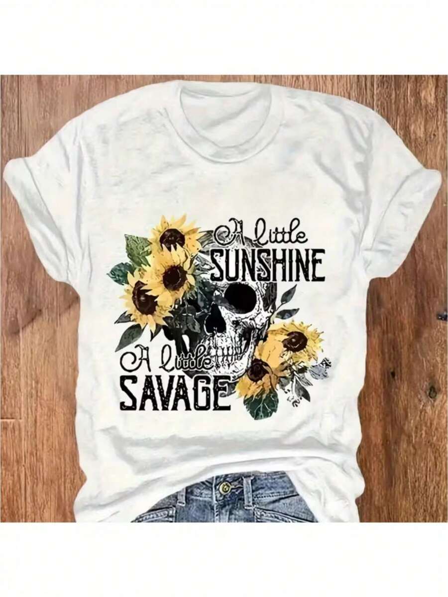 1 Piece Of Women's T-Shirt With Floral Skull Print And Round Neck - Lightweight And Breathable Short Sleeve Top, With Elasticity, Suitable For Spring And Summer, Casual T-Shirt With Round Neck Print (Not See-Through) 180g 100% Cotton. - 白色 - 查看 1