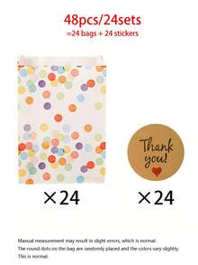 120/96/48/24入 彩色波點牛皮紙禮品袋附貼紙，彩色波點設計，附Thank You貼紙，適用派對節日禮品包裝、生日禮品包裝用品、婚禮、生日與派對、畢業、節日派對與裝飾包裝用品、甜點袋包裝、婚禮回禮、派對袋填充物、準新娘、單身女派對袋填充物（1組=1個袋子+1張標籤） - A - 查看 10