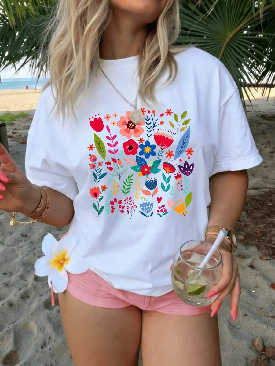Women Pure Cotton T-Shirt Fun Floral Print Elegant Cute Summer Outfit Y2k Fashion High Quality Summer Wear Party Women Casual Beach Look Boho Style Vibrant Colors Lightweight Comfortable Fit Perfect For Vacation Weekend Getaway Tropical Vibes Fashion Statement Must Have Top - 白色 - 查看 1