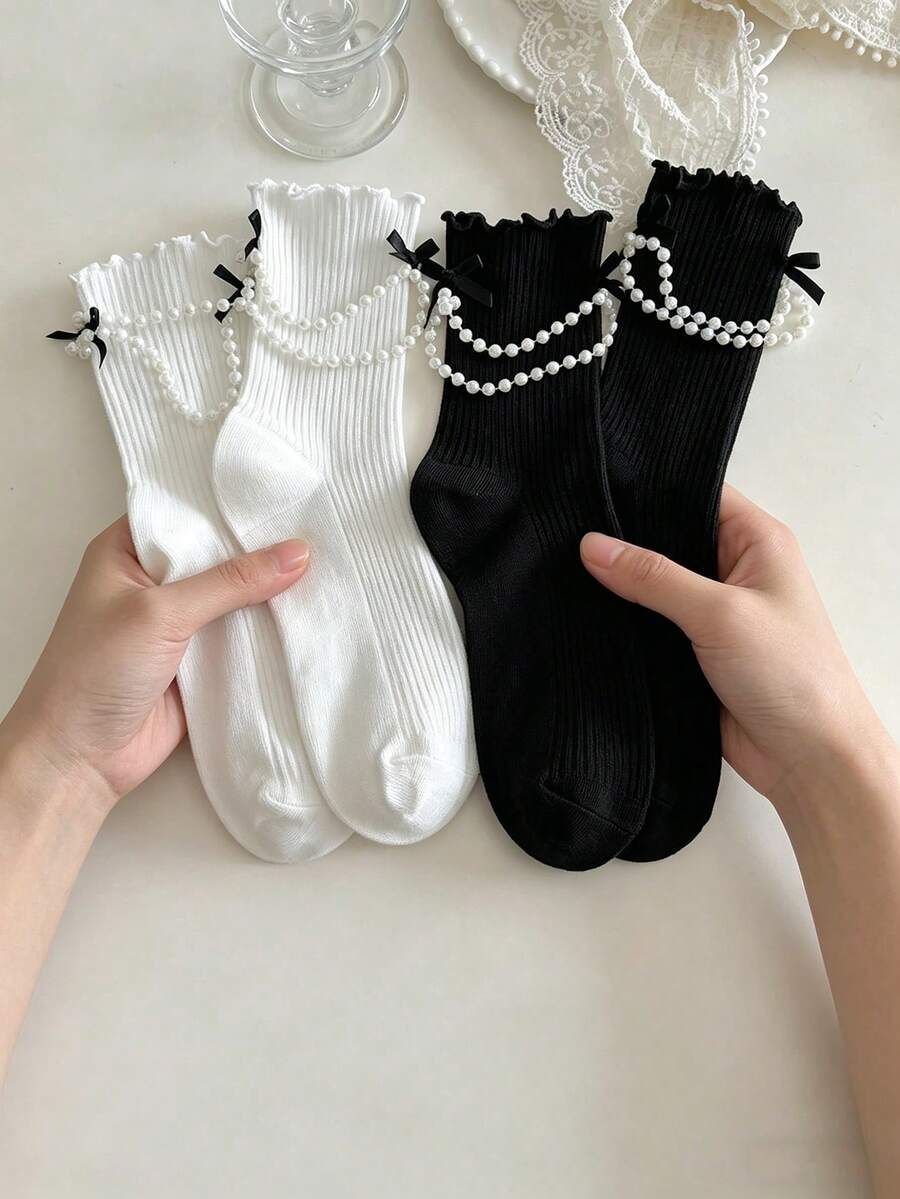 2 Pairs Pearl Bow Decor Ruffle Trim Ribbed Crew Socks, Sweet Coquette Casual Mid Calf Socks For Mary Jane Shoes - Multicolor - View 1