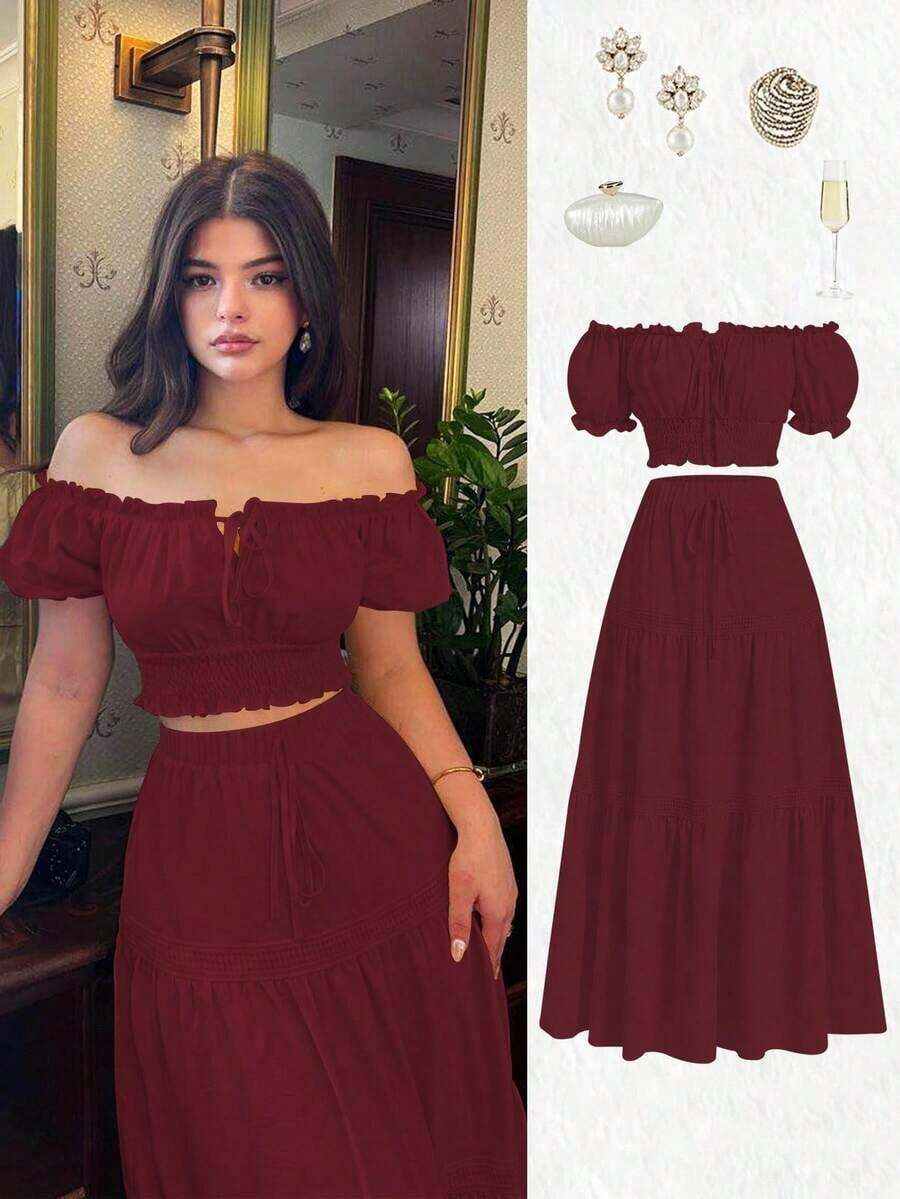 Nuevo conjunto de 2 piezas para mujer con blusa de hombros descubiertos y mangas abullonadas, con lazo en la cintura y falda A-line recogida, ideal para vacaciones, casual, moda joven, versátil y elegante - Burdeos - Ver 1