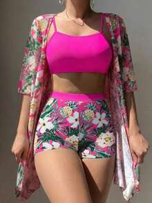 Conjunto de playa de 3 piezas para mujer: top de bikini corto negro, kimono de malla y shorts - Multicolor 8 - Ver 3