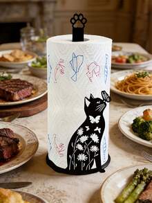 Cute Black Cat & Butterfly Tissue Paper Holder, Kitchen Countertop Roll Paper Organizer, Cat Lover Decor, Vintage Farmhouse Bathroom Standing Paper Rack, Creative Animal Silhouette Design, High-Quality Home Storage Rack - Black - View 1