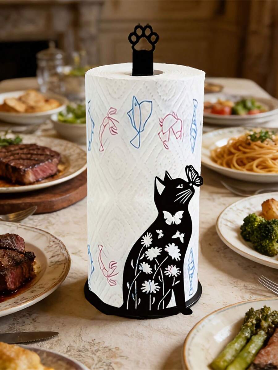 Cute Black Cat & Butterfly Tissue Paper Holder, Kitchen Countertop Roll Paper Organizer, Cat Lover Decor, Vintage Farmhouse Bathroom Standing Paper Rack, Creative Animal Silhouette Design, High-Quality Home Storage Rack - Black - View 1