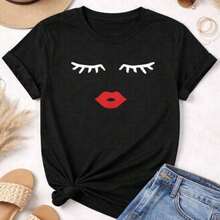 Collection Of Pretty Printed T-Shirts, 100% Cotton For Women, Basic Everyday T-Shirt, Short Sleeve, Casual And Elegant Top, Bow And Heart Prints, Fun Fashion T-Shirt, Aesthetic Summer Set, Gift For Her - Urban Vintage Style, Unisex Loose Cotton Short Sleeve Round Neck T-Shirt, Blouses For Women, Women's T-Shirts, Casual Blouses For Ladies. - 黑色 4 - 查看 6