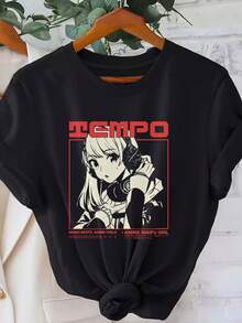 Camiseta negra con estampado gráfico para mujer - Diseño inspirado en anime con texto "ICMP", manga corta, cuello redondo, top casual para primavera y verano, ropa casual de primavera.| Top Estilo Anime| Ajuste Cómodo, Camisetas de Anime Y2k - Negro - Ver 10
