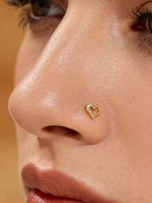 1 chiếc khuyên mũi hình trái tim hở chữ L mạ vàng đính đá Cubic Zirconia, trang sức xỏ mũi hình chữ L kiểu Y2K dành cho nữ. - Vàng - Xem 1